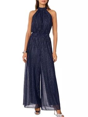 Vince Camuto Shine-Stripe Halter Wide-Leg Smocked-Waist Jumpsuit Size M